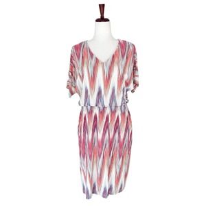 Chico's Dress Size 1 Medium Chevron Gathered Waist Short Sleeve Jersey Knit Midi